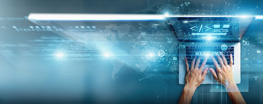 Developer using a laptop with responsive web development data coding structure, user interface design, SEO optimization, API integration, testing frameworks, and deployment processes.