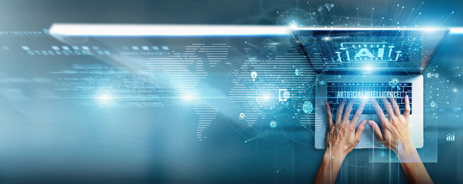 AI researcher using a laptop with artificial intelligence data predictive modeling, machine learning algorithms, natural language processing, deep learning networks, and smart automation.