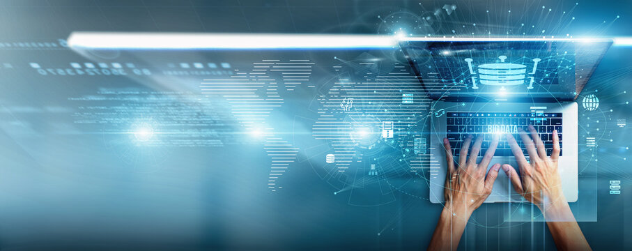 Data scientist using a laptop with big data analytics processing information, predictive modeling, cloud storage, AI integration, visualization dashboards, and business insights.