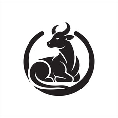 Stylized Black Bull Resting Within a Circular Decorative Frame Design.