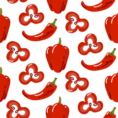Pattern of mixture of red peppers. Whole and cut bell peppers, hot pepper pod. Sweet and spicy, clean, fresh, bright vegetables. Flat colored seamless texture. Cute kitchen texture for towels, napkins
