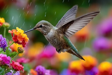 Fototapeta premium Hummingbird in gentle rain, sipping nectar from vibrant flower