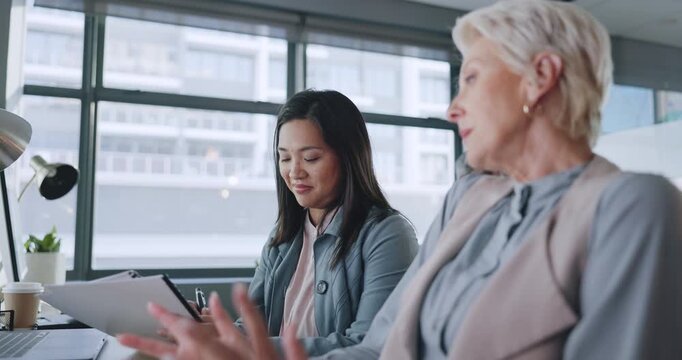 Business, women and conversation in office, marketing planning and advertising campaign. CEO, people and employees for sales growth, manager explain system and communication for process and speaking