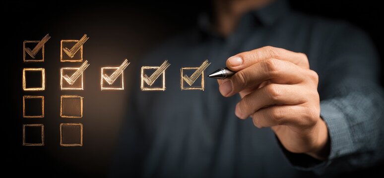 Person marking checkboxes on a dark background