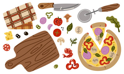 Ready-made pizza with cut-off piece and items used to prepare it. Cutting knife, pizza cutter, cutting board, towel, scattered pieces of toppings. Flat colored isolated illustration. Top-down view.