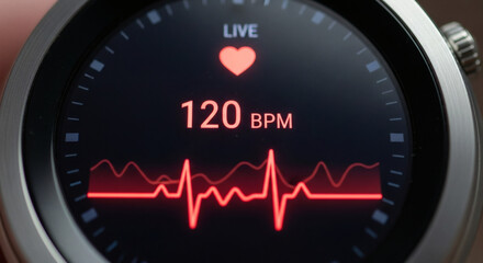 A close-up view of a smartwatch displaying a live heart rate reading of 120 beats per minute with a prominent electrocardiogram waveform.