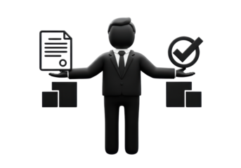 Isolated business manager offering agreement and approval option in balancing act metaphor