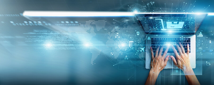 Supply chain manager using a laptop with logistics data for transportation tracking, warehouse optimization, real-time delivery, fleet management, cost efficiency, and global distribution.