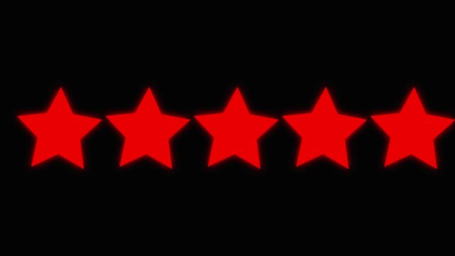 Five red star rating icon animated video ,animation video isolated on alpha channel background. Animated of 5 stars rating isolated on transparent black background with alpha channel in 4K .