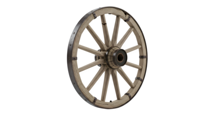 Vintage wooden wagon wheel isolated on transparent background, a rustic antique with spokes and a hub, reminiscent of historical transportation