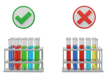 Isolated Laboratory test tubes with liquid samples in a rack, success and failure indicator