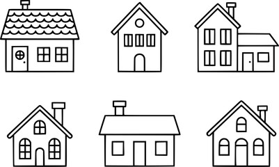 Collection of six simple, hand-drawn house outlines with varying architectural styles