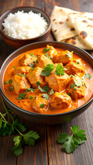 Chicken tikka masala with rice and naan