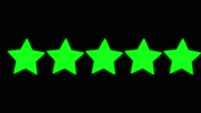 Five green star rating icon animated video ,animation video isolated on alpha channel background. Animated of 5 stars rating isolated on transparent black background with alpha channel in 4K .