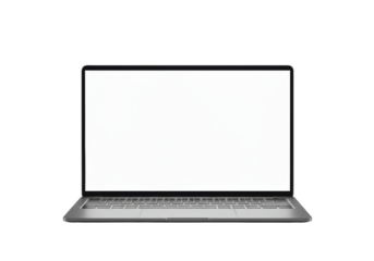 Sleek dark gray laptop with a thin bezel and a glowing blank white screen, resting on a transparent reflective surface with soft reflection and negative space. Concept of digital innovation