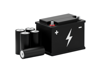 Isolated Black Car Battery With Standard Cell Batteries Beside it, 3D Rendering