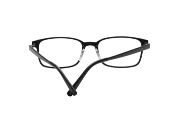 Modern black rectangular-framed eyeglasses with extended arms and clear lenses, isolated on a transparent studio background with soft lighting. Concept of precision engineering