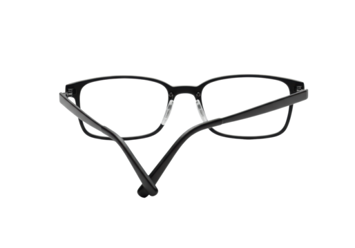 Modern black rectangular-framed eyeglasses with extended arms and clear lenses, isolated on a transparent studio background with soft lighting. Concept of precision engineering