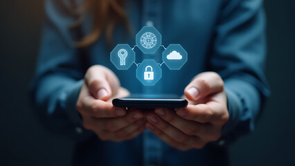 Hands holding a smartphone displaying a holographic interface with interconnected digital icons representing security cloud computing and personal data protection concepts