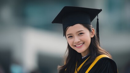 smiling asian female student in a graduation cap and gown, on a university campus background.