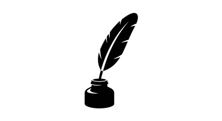 A classic black silhouette of a quill pen standing upright in a small inkwell against a clean white background evoking historical writing and literature