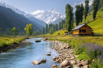 beautiful valley of kashmir with river and crystal