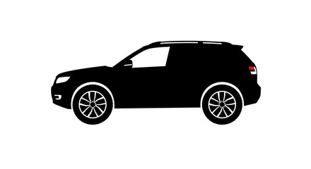 Stylized black silhouette of a modern suv with detailed white rimmed wheels against a clean white background showcasing a simple yet distinctive vehicle design silhouette © rabbivay