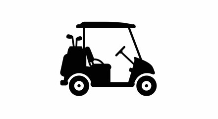 Simple black silhouette of a golf cart with a bag of clubs and steering wheel on a white background