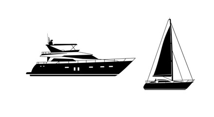 Two distinct marine vessels a modern motor yacht and a classic sailboat depicted in a striking black and white silhouette style