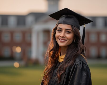 portrait of a happy young indian woman in a graduation cap and gown