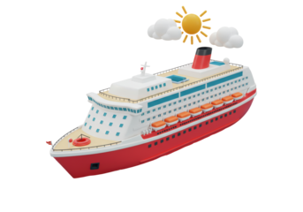 Isolated Cruise Ship With Sun And Clouds, Cartoon Style Nautical Vessel On Sunny Day Cruise