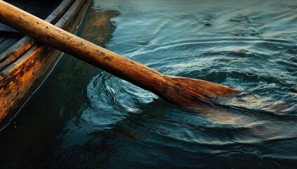 Wooden oar in a boat, ripples on dark water