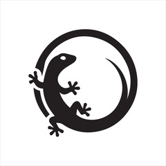 Stylized Black Silhouette of a Lizard Enclosed in a Circular Shape.