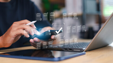 Businessman Take an assessment, Check list, questionnaire, evaluation, filling out an online survey form. Answer the test questions. online survey exam Choosing the right answer in the exam,