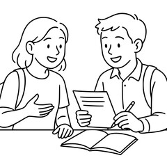 Two students discussing an assignment. Outline style.