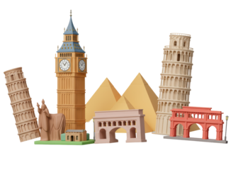 Isolated world tourist attractions with famous landmarks, monuments, and historical locations