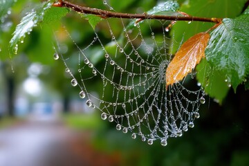 Intricate spiderweb adorned with glistening dewdrops on a rainy day