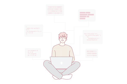 Smiling male software engineer working on computer writing codes and programs. Happy man programmer or backend developer busy on laptop, programming, creating scripts. Vector illustration.