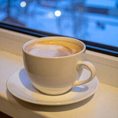 Cappuccino on windowsill winter scene