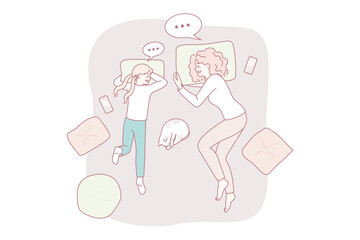 Depressed couple cry at cat gravestone at cemetery. Unwell stressed man and woman owners mourn grieve after domestic pet passing away. Canine memorial. Vector illustration.