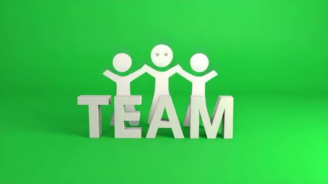 A stylized, three-dimensional graphic representation of the word "TEAM" with simple stick figures positioned above it, set against a vibrant green background.