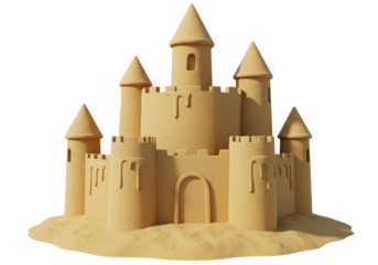 Isolated sandcastle on sand, a childhood beach memory of summer fun, vacation, tourism