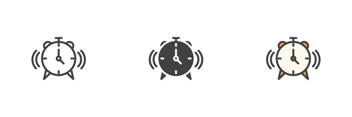 Alarm clock icon set in line, solid and filled outline style