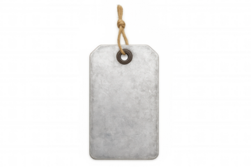 Metallic blank label dangling by string, suspended against transparent backdrop, offering clean space for personalized branding details