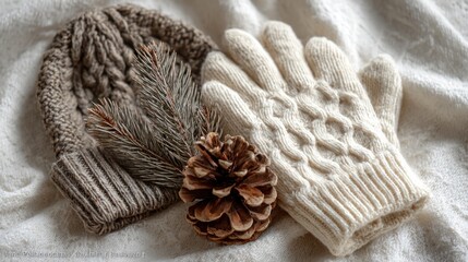 Fototapeta premium Cable knit hat and gloves with pine cone