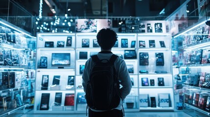 Person viewing electronics displayed in a store.