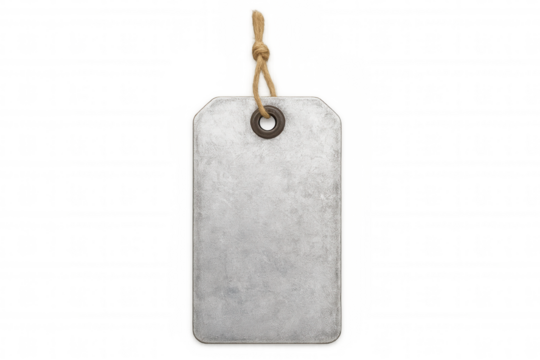 Metallic blank label dangling by string, suspended against transparent backdrop, offering clean space for personalized branding details