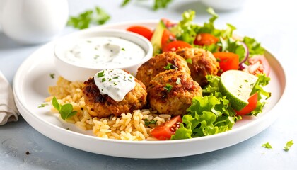 A healthy and delicious plate of meatballs with rice salad and yogurt sauce.