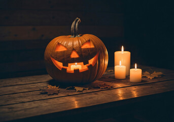 Obraz premium Halloween pumpkin and candles on wooden table, cozy lighting 
