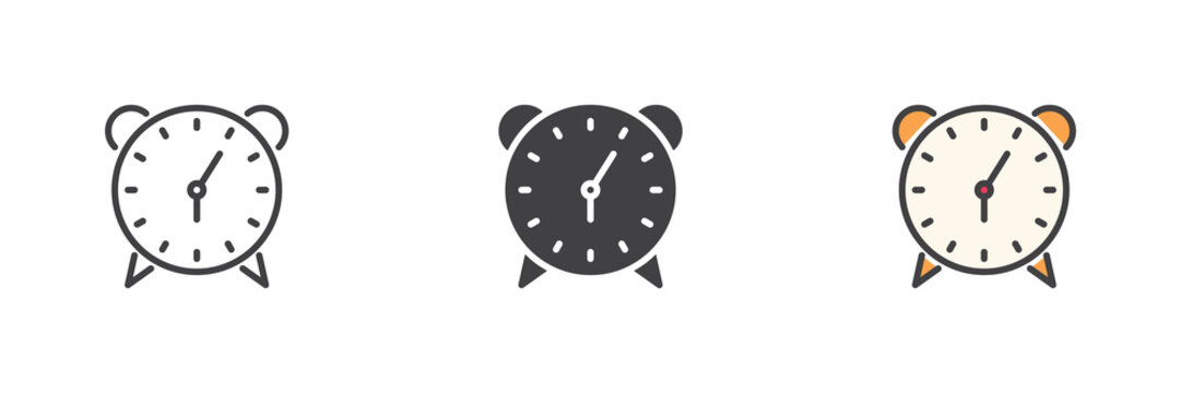Retro alarm clock icon set in line, solid and filled outline style